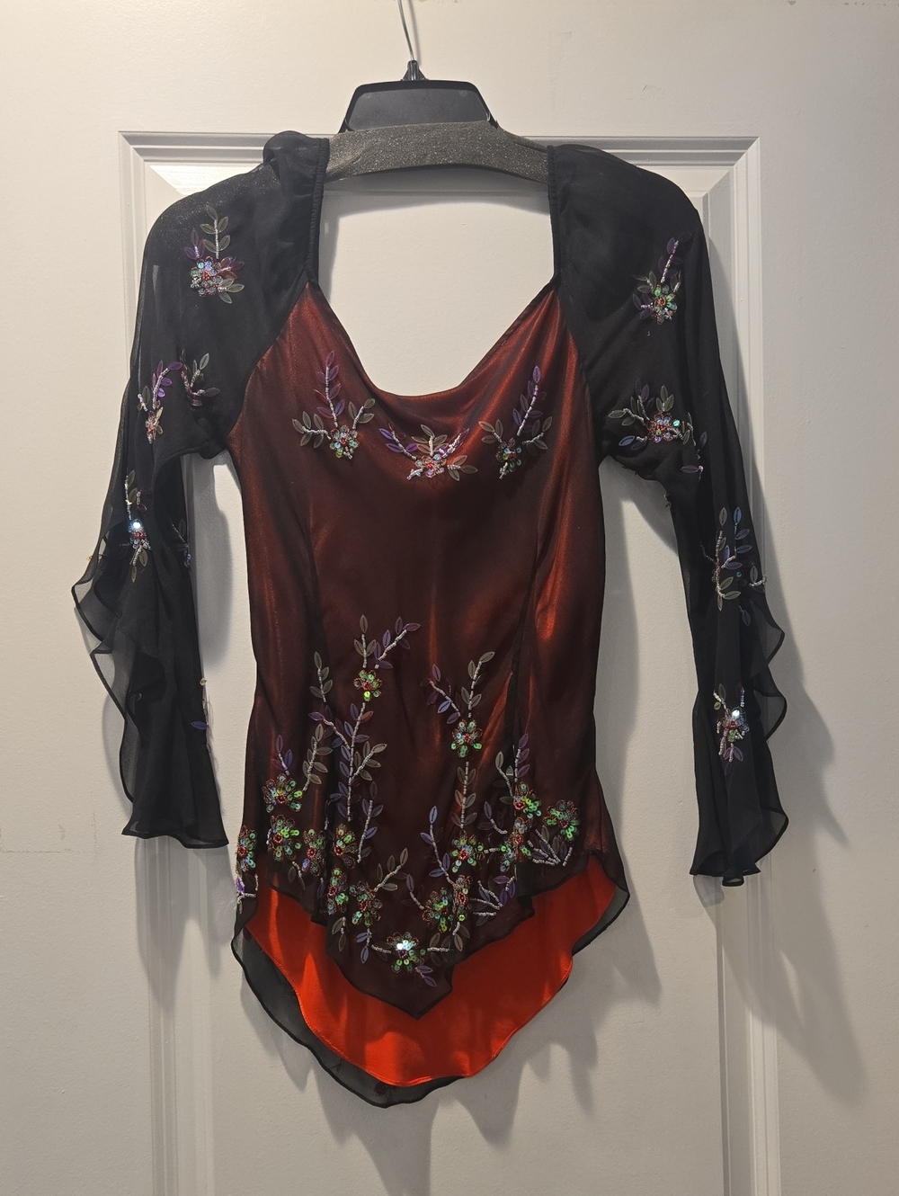 Cache Embroidered Satin & Sheer Floral Bodysuit Top - Red and Black